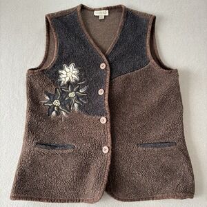 Vintage Sherpa Fleece Vest Womens 14 Brown Embroidered Edelweiss Alpine Folk 90s